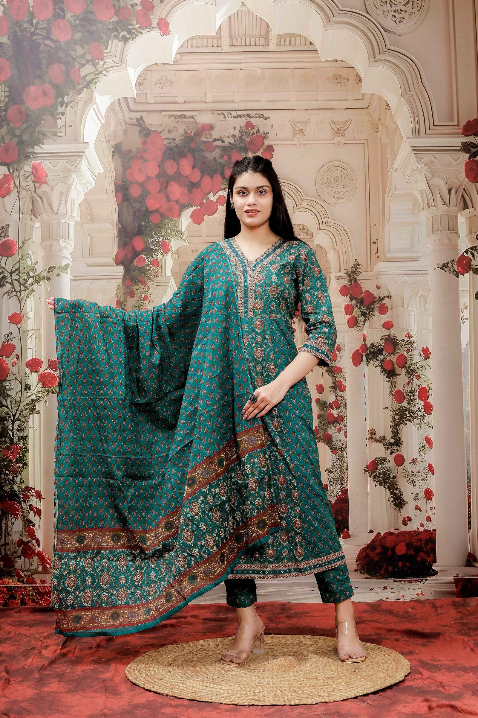 	Royal  green  Anarkali Suit with Dupatta
